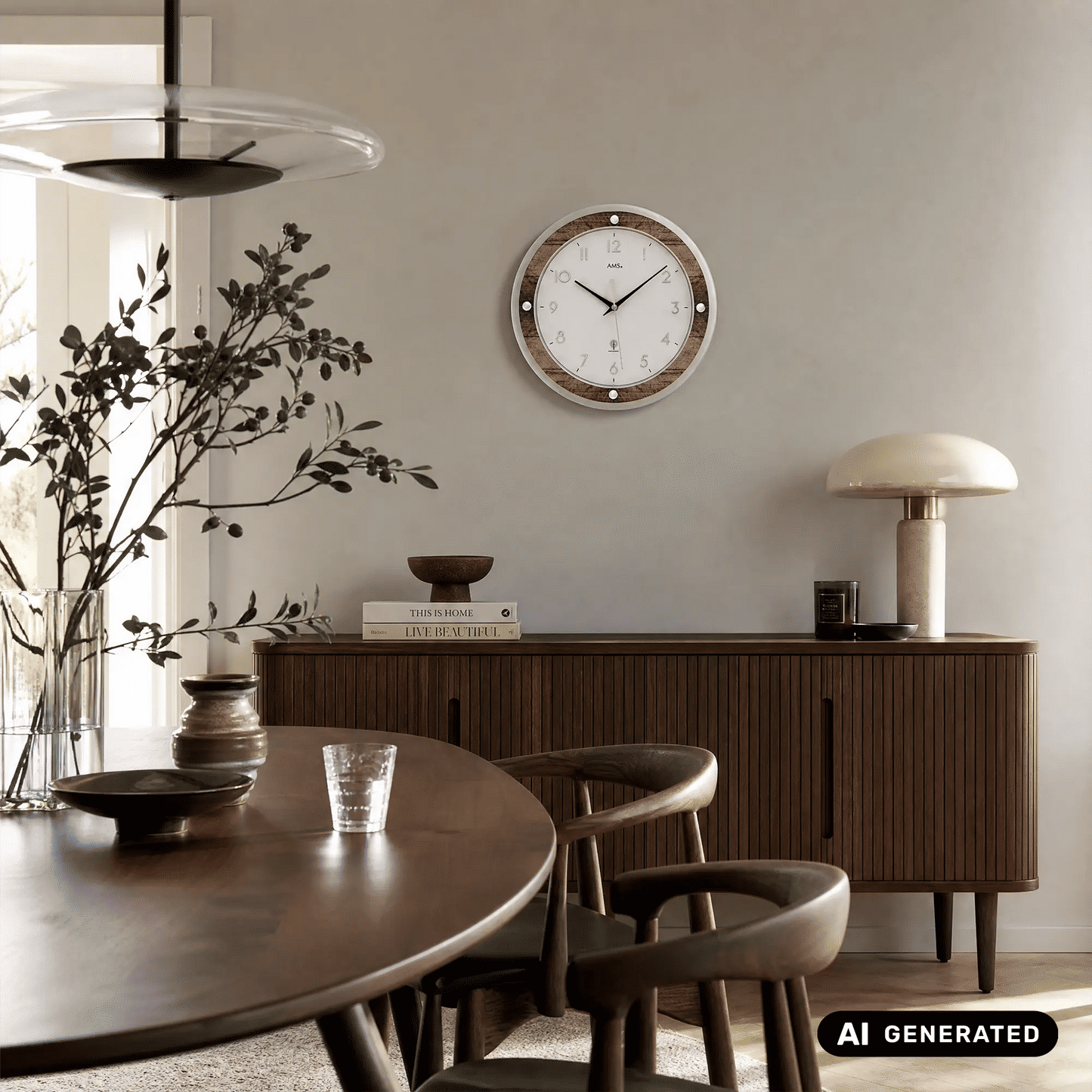 An der Wand montierte AMS Funkwerk Wanduhr mit weißem Zifferblatt, schwarzen Zeigern und Holzring