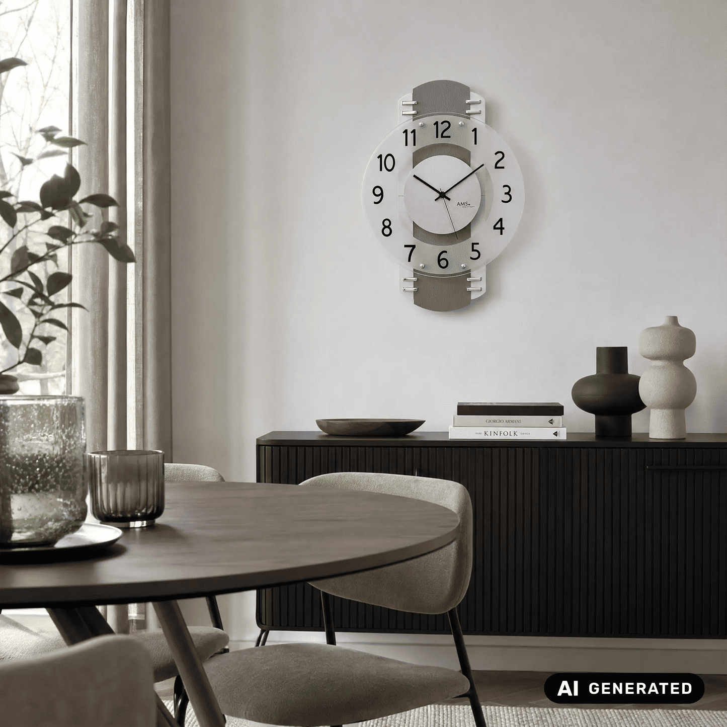 Wanduhr an der Wand: anthrazitgraues Ziffernblatt mit weißen Zeigern und Zahlen