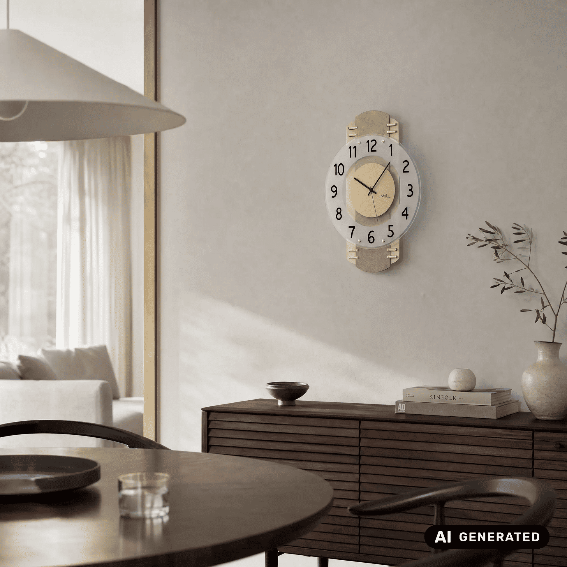 Funk-Wanduhr an der Wand: rundes Ziffernblatt mit römischen Zahlen und Messingantik-Holzgehäuse