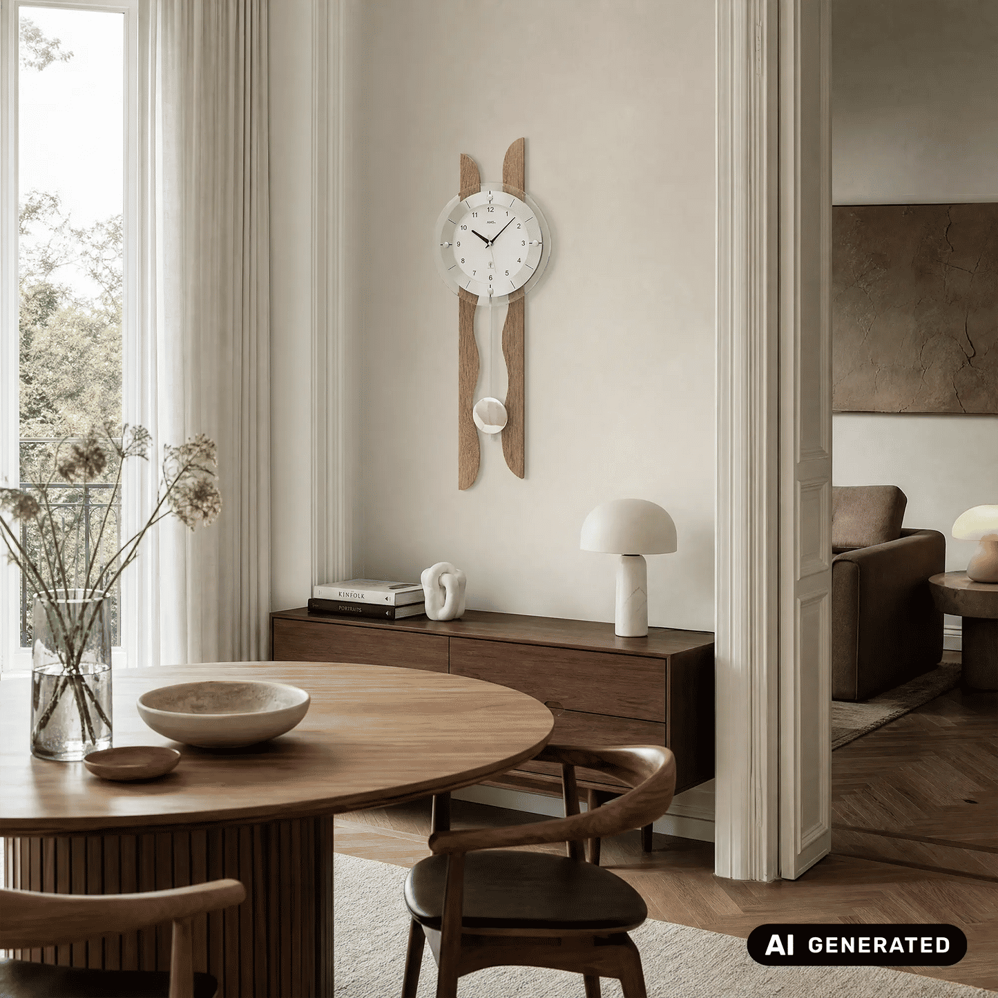Wanduhr an der Wand mit weißem Zifferblatt, Holzpendeln und silberner Pendelkugel