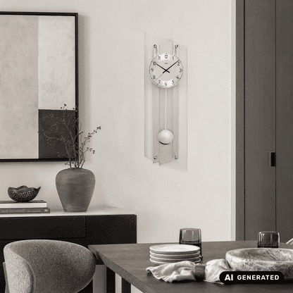 Wanduhr an der Wand mit weißem Ziffernblatt, schwarzen Zeigern und silbernem Pendel