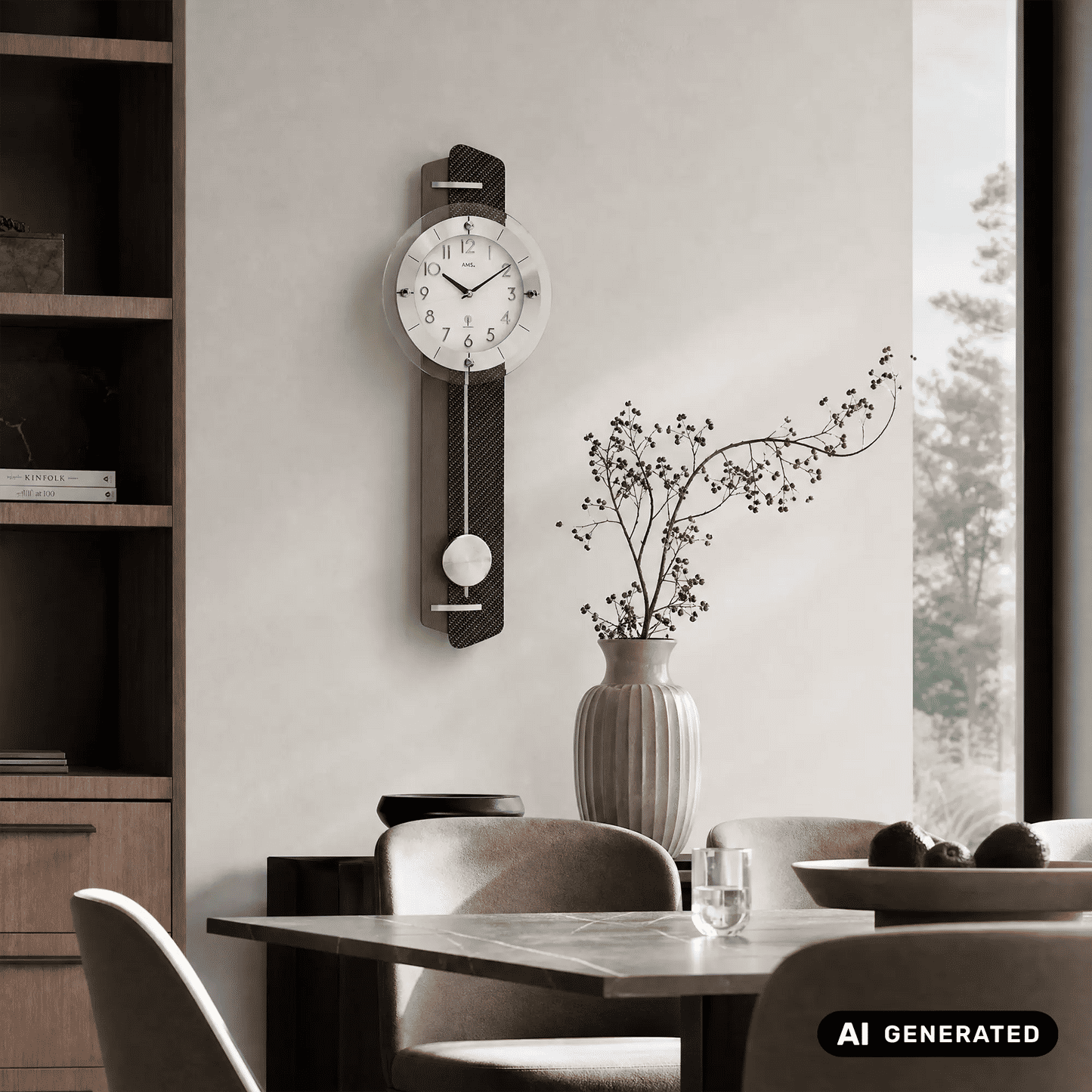Pendelwanduhr an der Wand: Anthrazit mit silbernem Zifferblatt und Pendelkugel