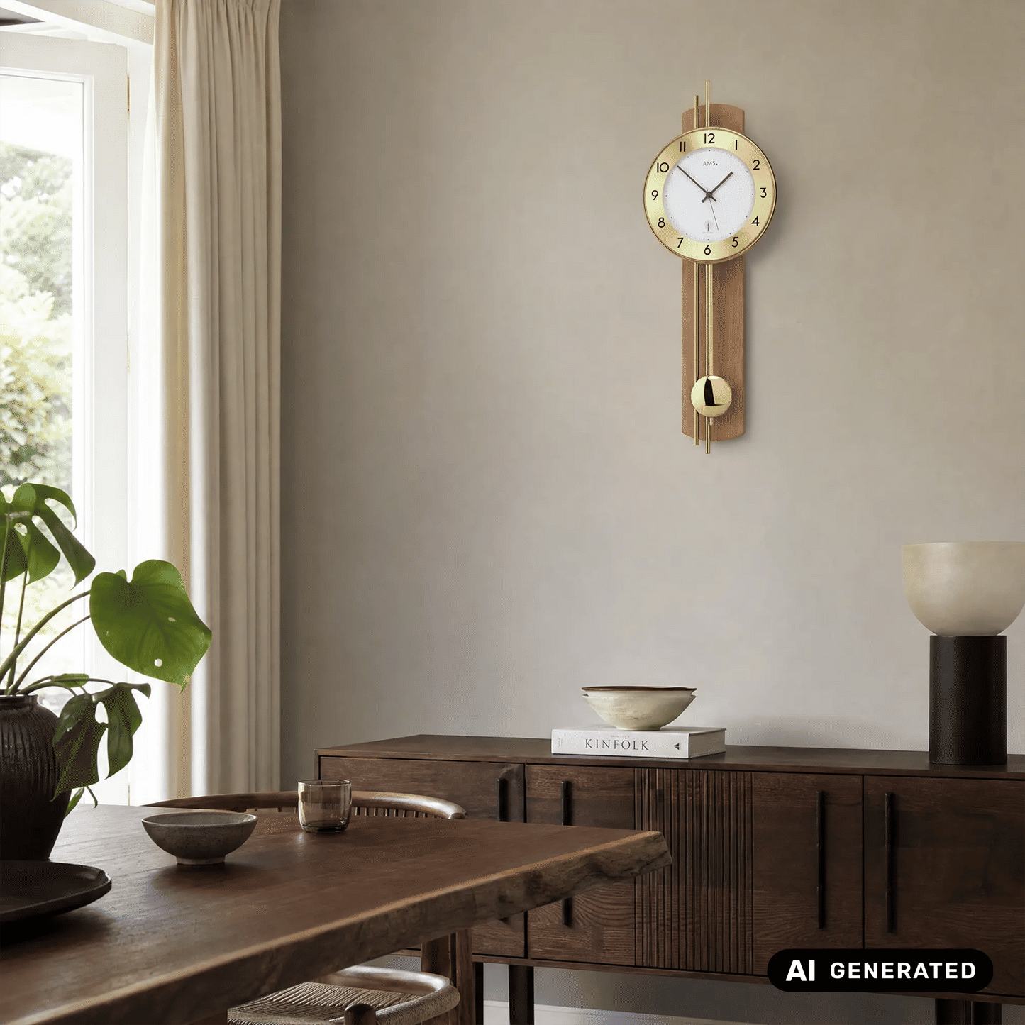Wanduhr an der Wand mit Holzgehäuse, goldfarbenem Pendel und arabischen Ziffern