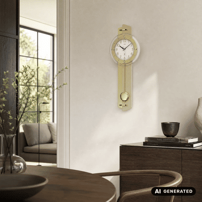 Wanduhr in Goldfarben mit rundem Ziffernblatt und pendelndem Gewichtsball