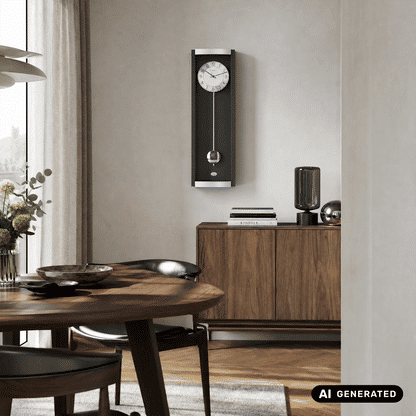 Schwarze Pendel-Wanduhr an der Wand mit runder Pendelkugel und Zeigern