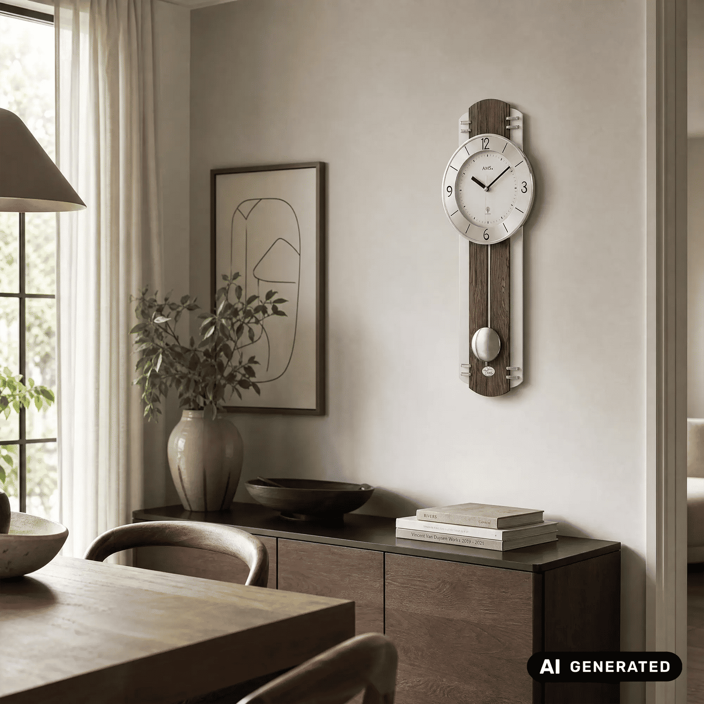 Pendel-Wanduhr an der Wand mit Holzfront, rundem Ziffernblatt und Pendel
