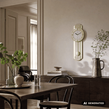 Wanduhr mit hellem Holzrahmen, rundem Zifferblatt und sichtbarem Pendelwerk