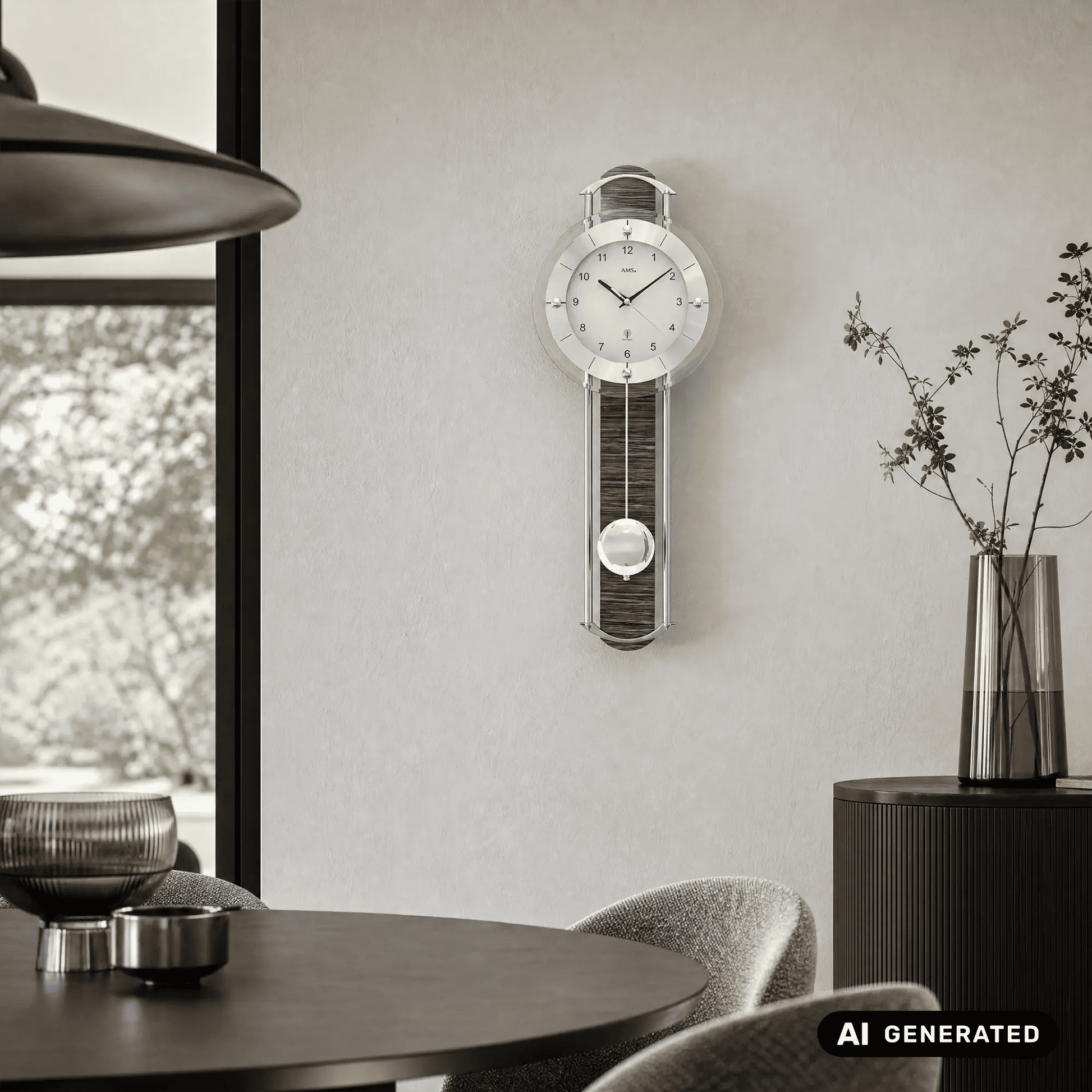 Wanduhr an der Wand mit rundem Ziffernblatt und pendelndem Einsatz im unteren Glas