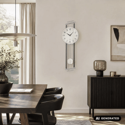 Wanduhr am Wandpaneel mit Pendelwerk und Glasfront, weißes Zifferblatt