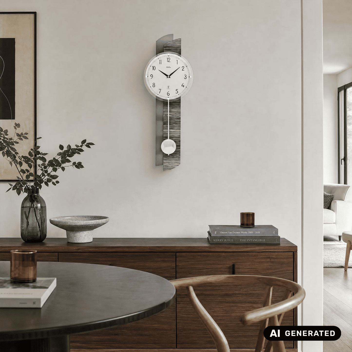 Wanduhr an der Wand mit rundem Zifferblatt, schwarzen Zeigern und pendelndem Kugelgewicht