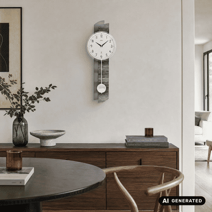 Wanduhr an der Wand mit rundem Zifferblatt, schwarzen Zeigern und pendelndem Kugelgewicht