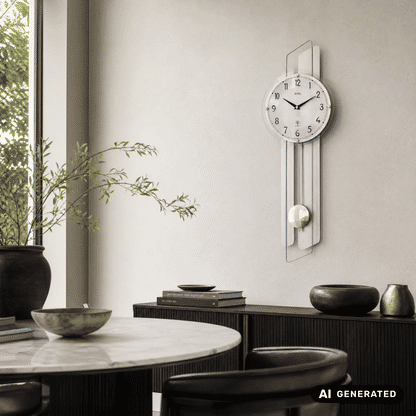 Wanduhr aus Aluminium mit rundem Zifferblatt, Funk-Pendelwerk und gewölbtem Mineralglas