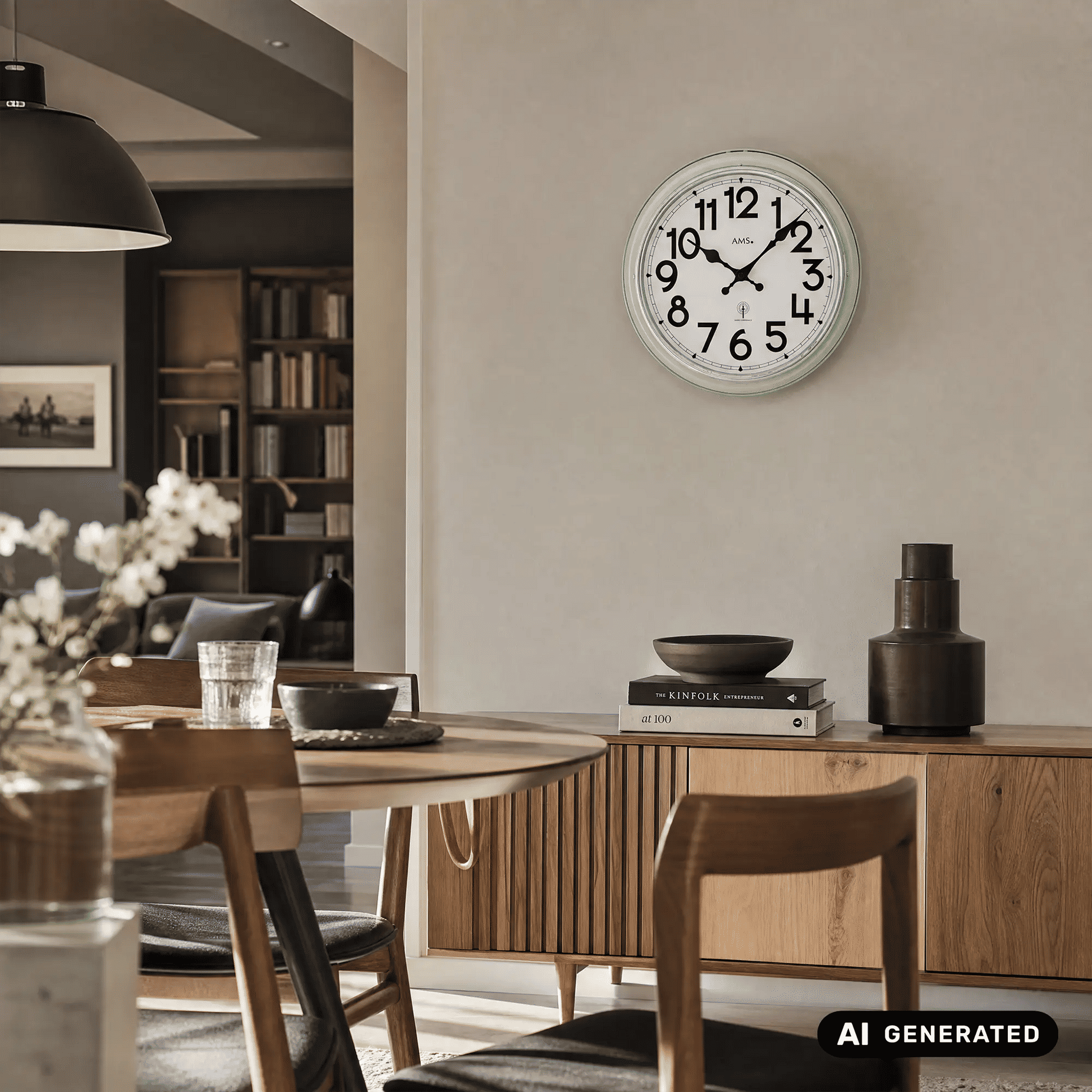 Wanduhr an der Wand mit mintfarbenem Rahmen, Mineralglas, schwarzen Zeigern, AMS