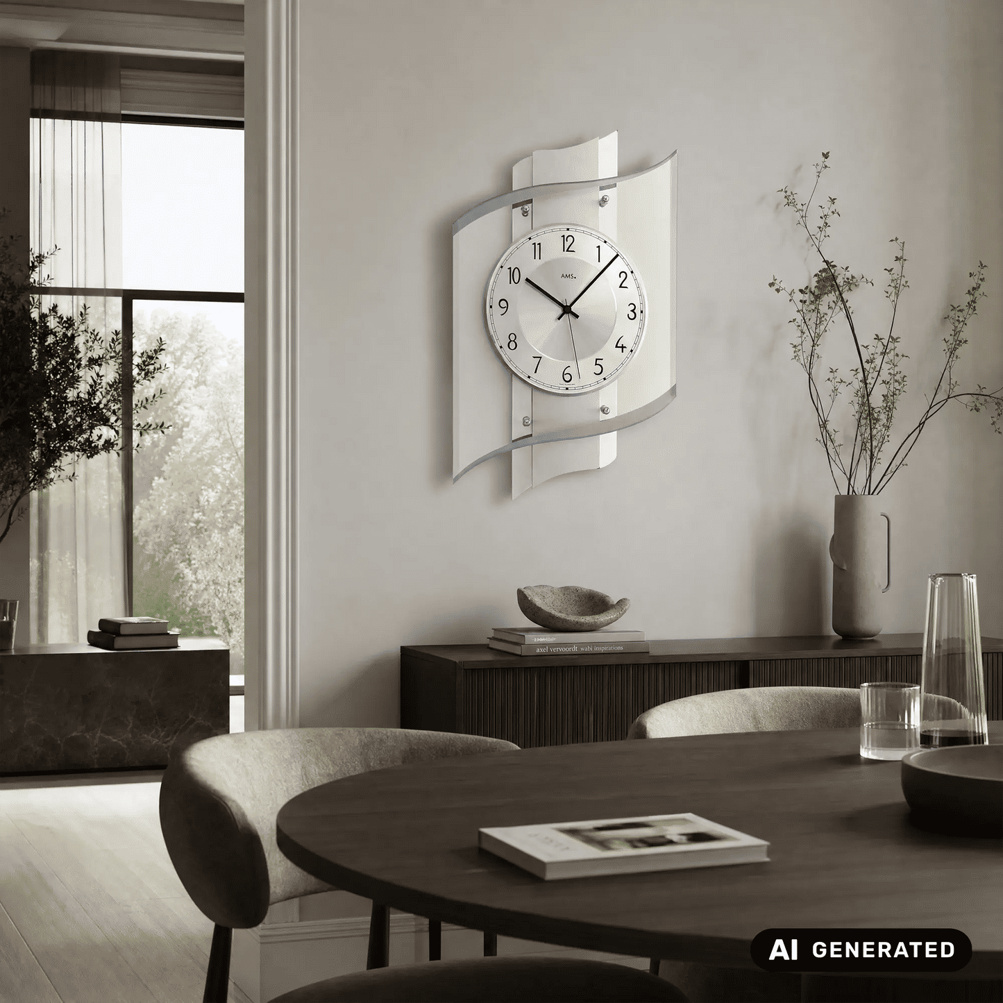 Wanduhr mit hellem Holzdekorrahmen und weißem Zifferblatt, an der Wand