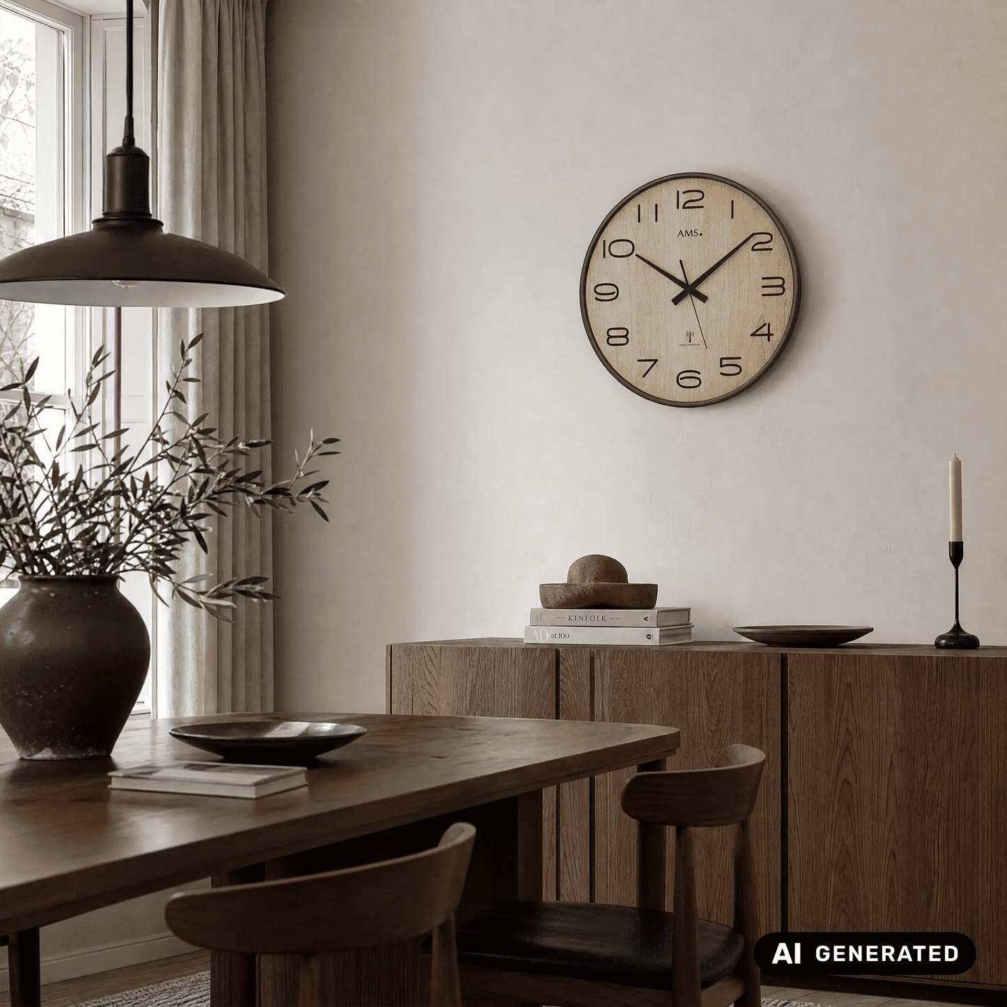 AMS Funk-Wanduhr an der Wand: Holz-Zifferblatt, schwarze Zeiger, Mineralglas