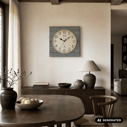 Wanduhr an der Wand mit grauer Holzstruktur, analogem Zifferblatt und Mineralglas, AMS