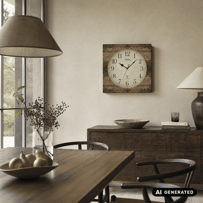 AMS Wanduhr an der Wand: quadratisches Holzstruktur-Gehäuse, beige Zifferblatt, Funkuhr