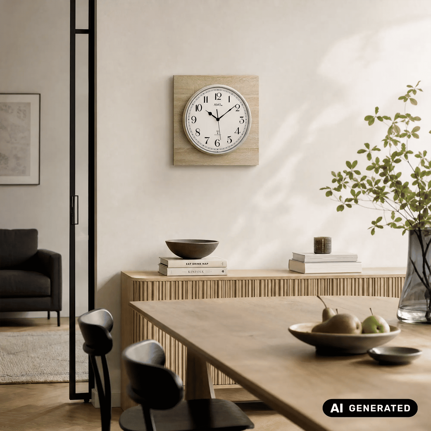 Runde Funk-Wanduhr mit Holzrahmen an der Wand, weißes Zifferblatt und schwarze Zeiger