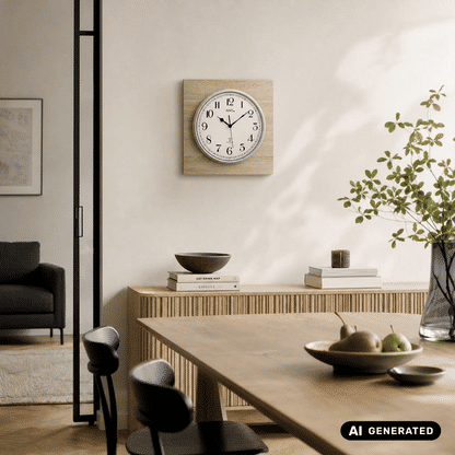 Runde Funk-Wanduhr mit Holzrahmen an der Wand, weißes Zifferblatt und schwarze Zeiger
