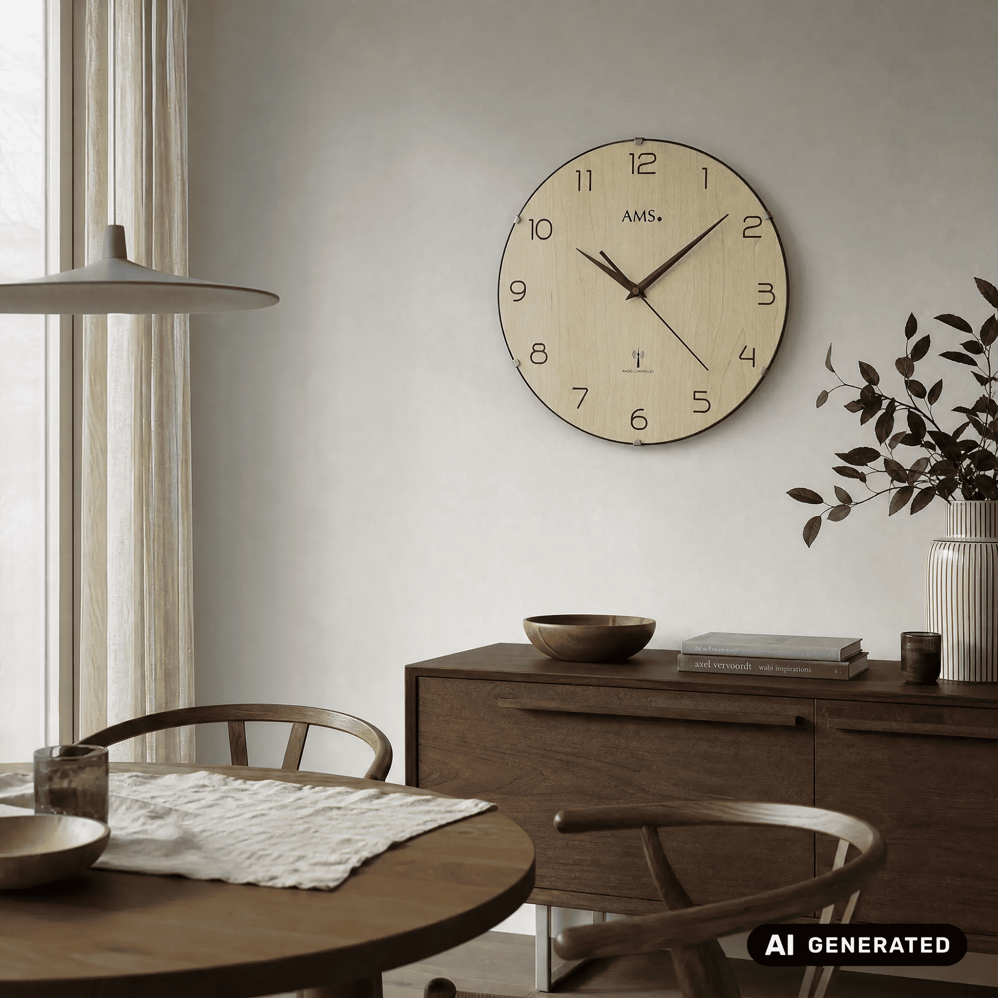 Runde Funk-Wanduhr an der Wand mit Holz-Ziffernblatt, Zeigern und AMS-Schrift