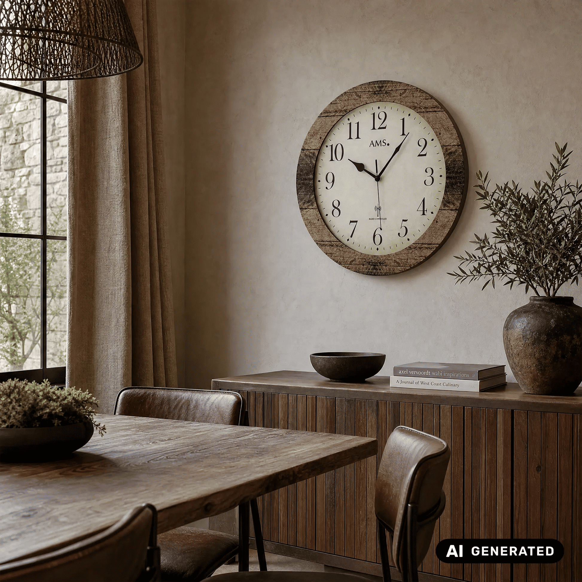 Wanduhr an der Wand mit nussbaumfarbenem Rahmen und weißem Zifferblatt