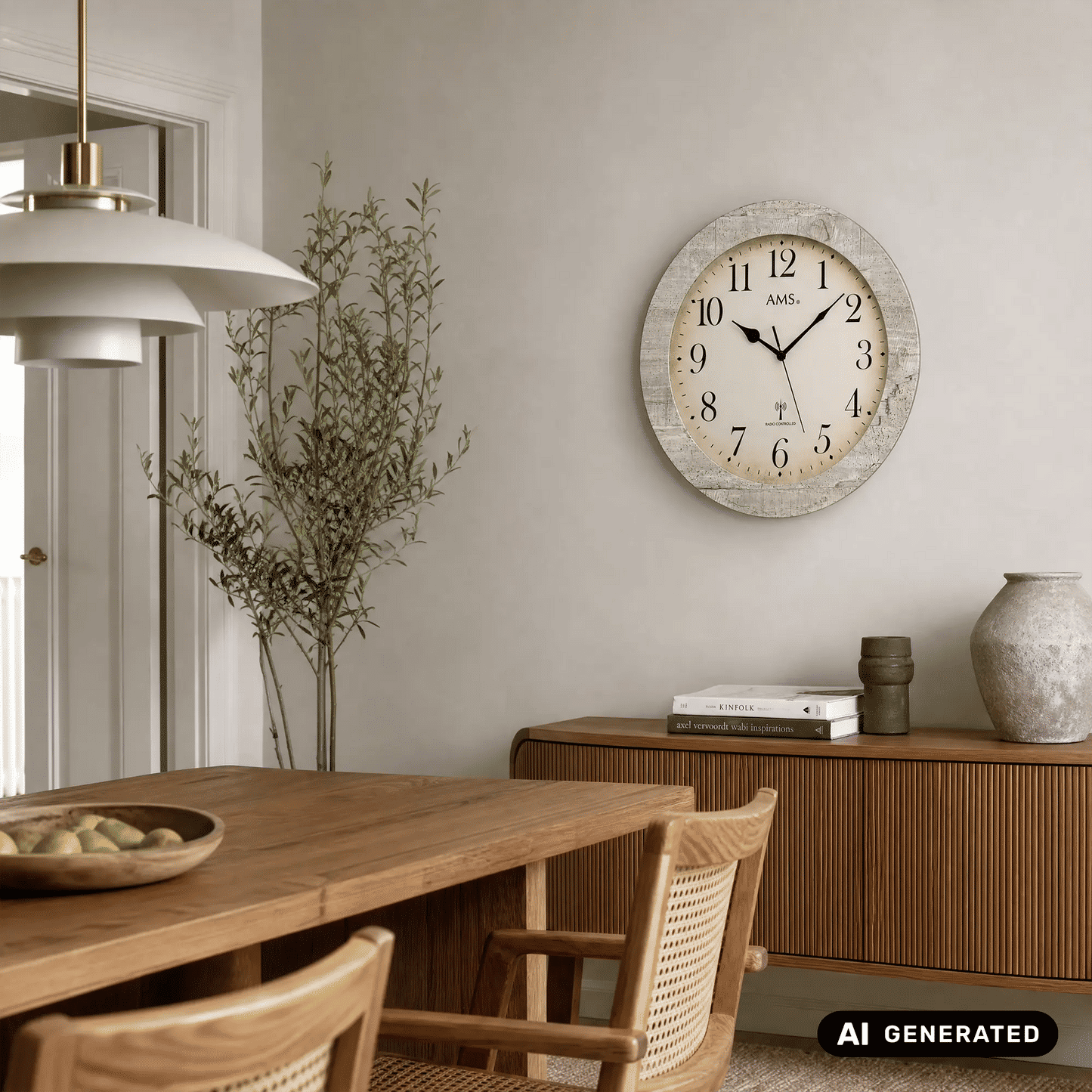 AMS Funk-Wanduhr, rund, beiges Zifferblatt mit AMS-Schriftzug im Zentrum