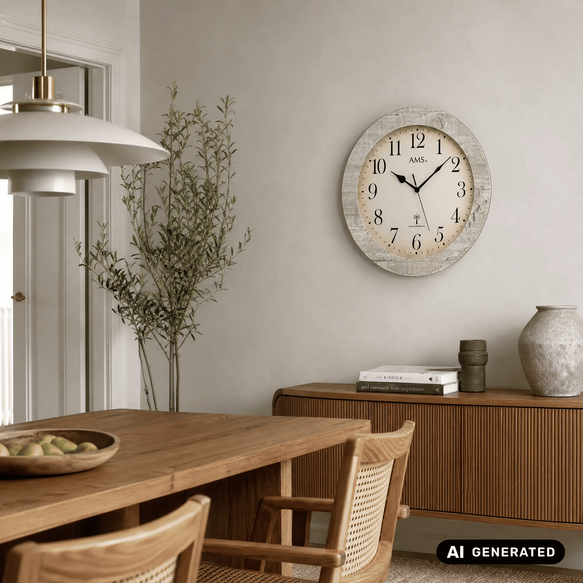 AMS Funk-Wanduhr, rund, beiges Zifferblatt mit AMS-Schriftzug im Zentrum