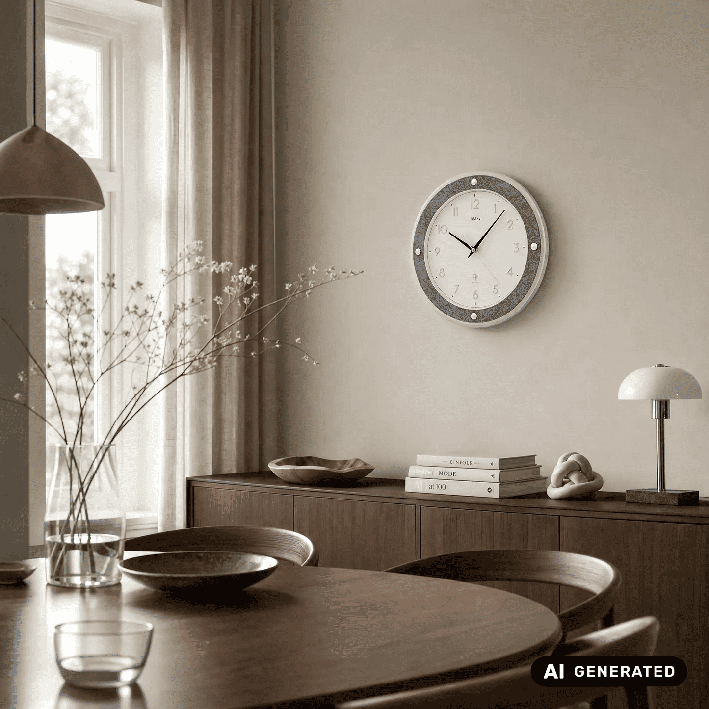 Funk-Wanduhr an der Wand mit grauem Rahmen und weißem Zifferblatt, applizierten Ziffern