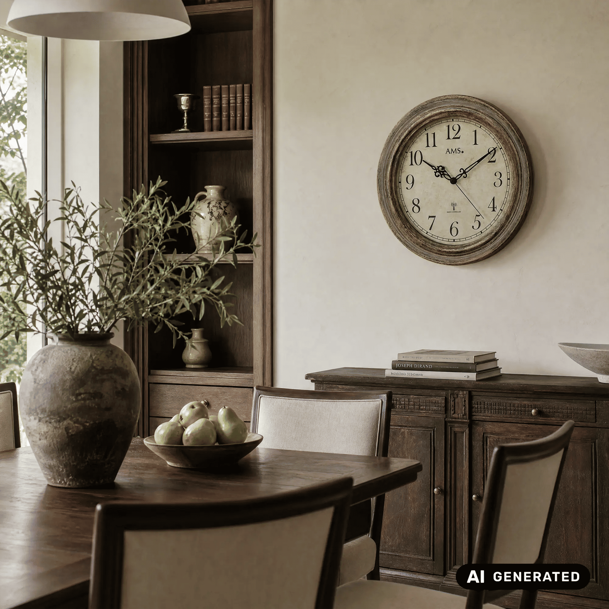 Runde AMS Funk-Wanduhr an der Wand, goldbrauner Rahmen, beiges Zifferblatt
