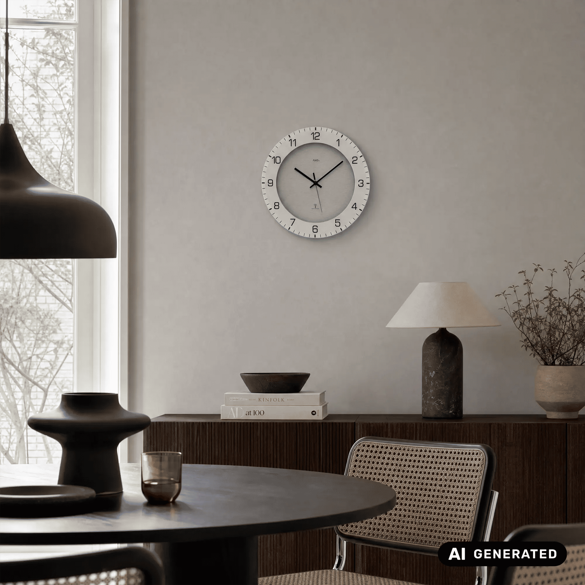 Runde beige Wanduhr mit weißem Rahmen und schwarzen Zeigern, klare Ziffern