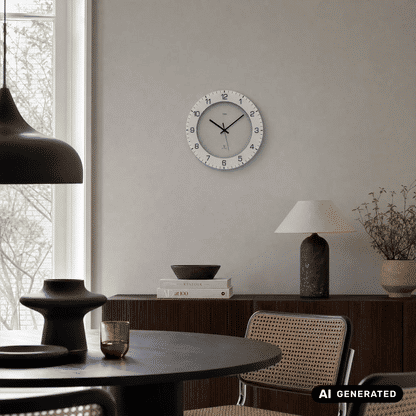 Runde beige Wanduhr mit weißem Rahmen und schwarzen Zeigern, klare Ziffern
