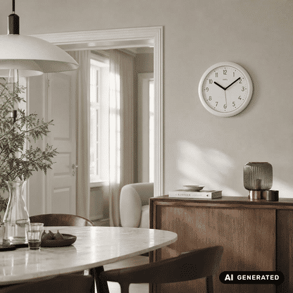 Funk-Wanduhr an der Wand mit silbernem Kunststoffgehäuse und weißem Zifferblatt.
