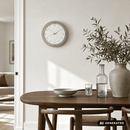 Wanduhr an der Wand mit goldener Holzumrandung, grauem Rand und weißen Ziffern
