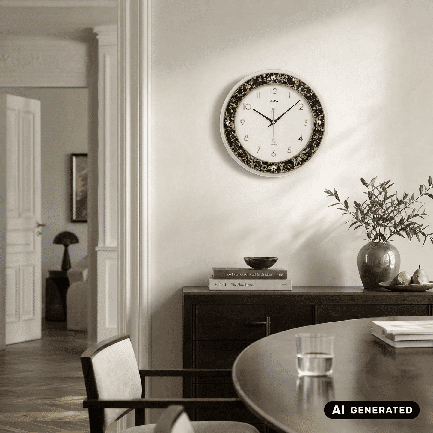 Wanduhr an Wand montiert, rundes Design mit braun-goldenem Rand und goldenen Zeigern