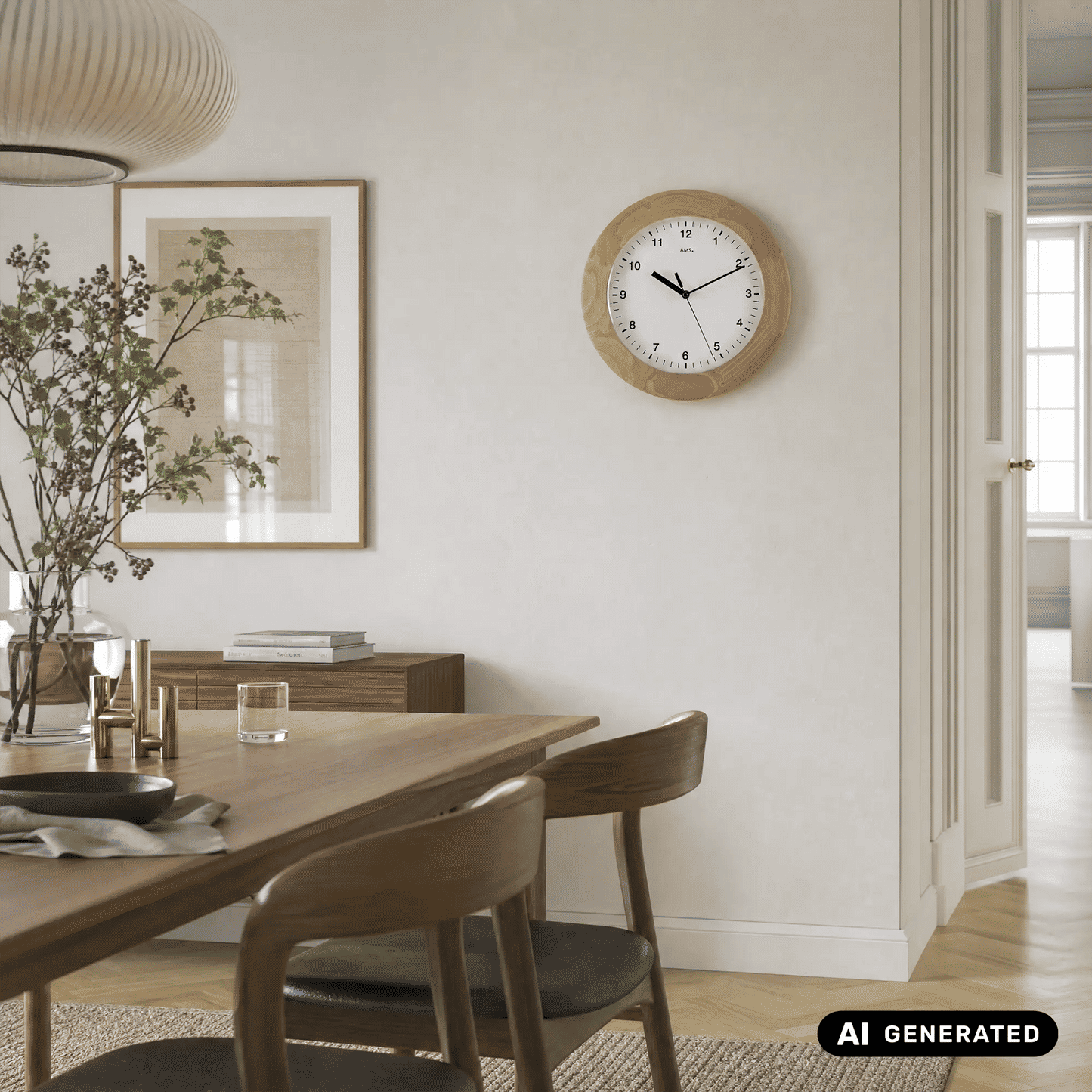 Runde Wanduhr an der Wand mit Holzrahmen, weißem Zifferblatt und schwarzen Zeigern