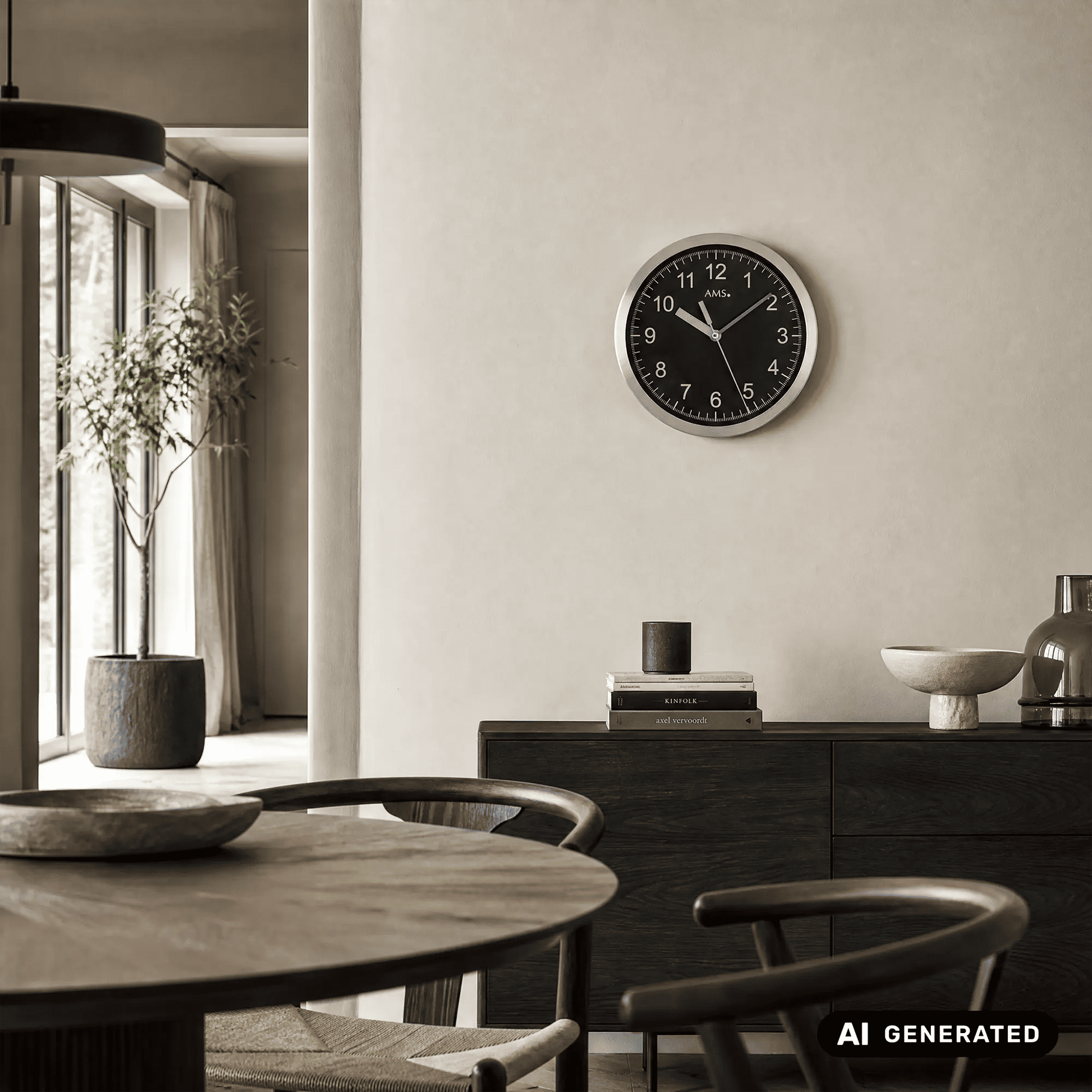 Wanduhr an der Wand mit schwarzem Ziffernblatt und silbernem Aluminiumrahmen, AMS