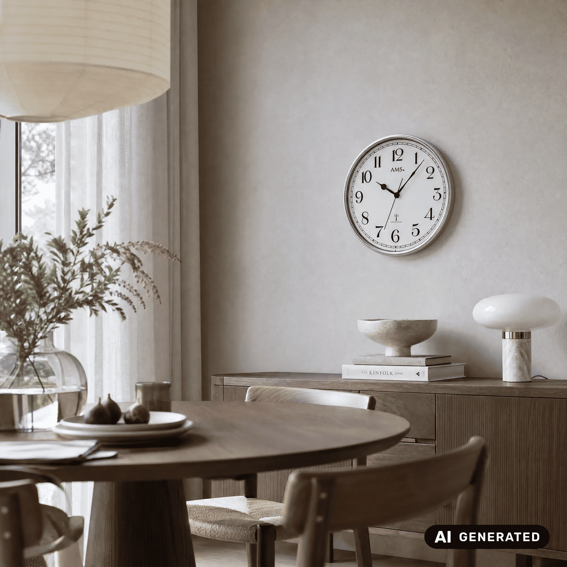 Funk-Wanduhr an der Wand, silberner Rahmen, weißes Ziffernblatt mit schwarzen Zahlen und Zeigern