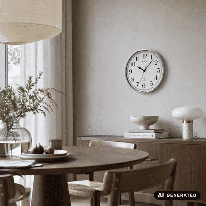 Funk-Wanduhr an der Wand, silberner Rahmen, weißes Ziffernblatt mit schwarzen Zahlen und Zeigern