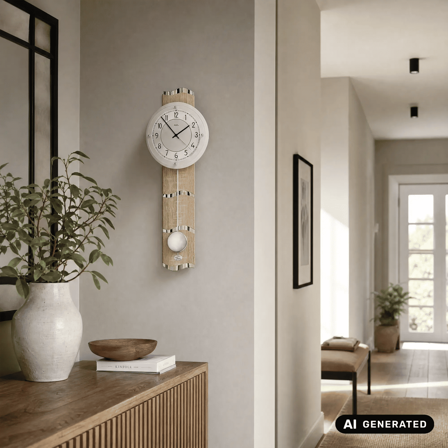 Wanduhr an der Wand: rundes Ziffernblatt, Sonoma-Holzdekor, Aluminium-Akzente, Pendelgewicht