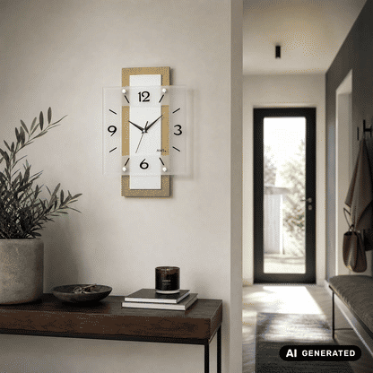 Wanduhr mit weißem Zifferblatt, schwarzen Zeigern und Buche-Holzrahmen, Eckbefestigungen