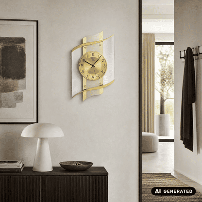 Wanduhr mit goldfarbenem Fassungsrahmen und gut lesbarem Zifferblatt an der Wand