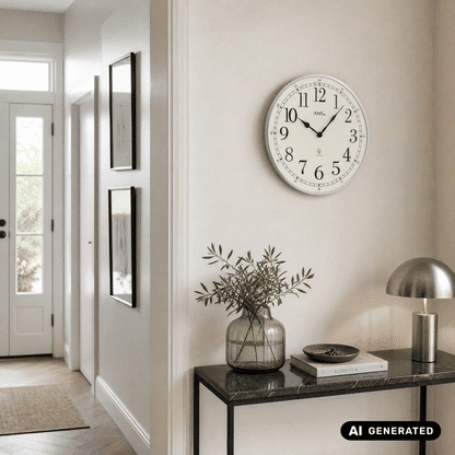 Wanduhr an der Wand über Konsole: rundes Zifferblatt, schwarze Zeiger