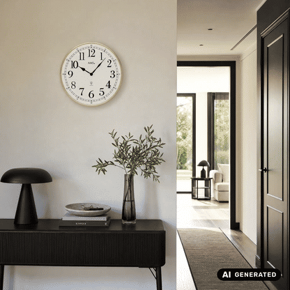 Wanduhr an der Wand mit messinglybem Rahmen und weißem Ziffernblatt