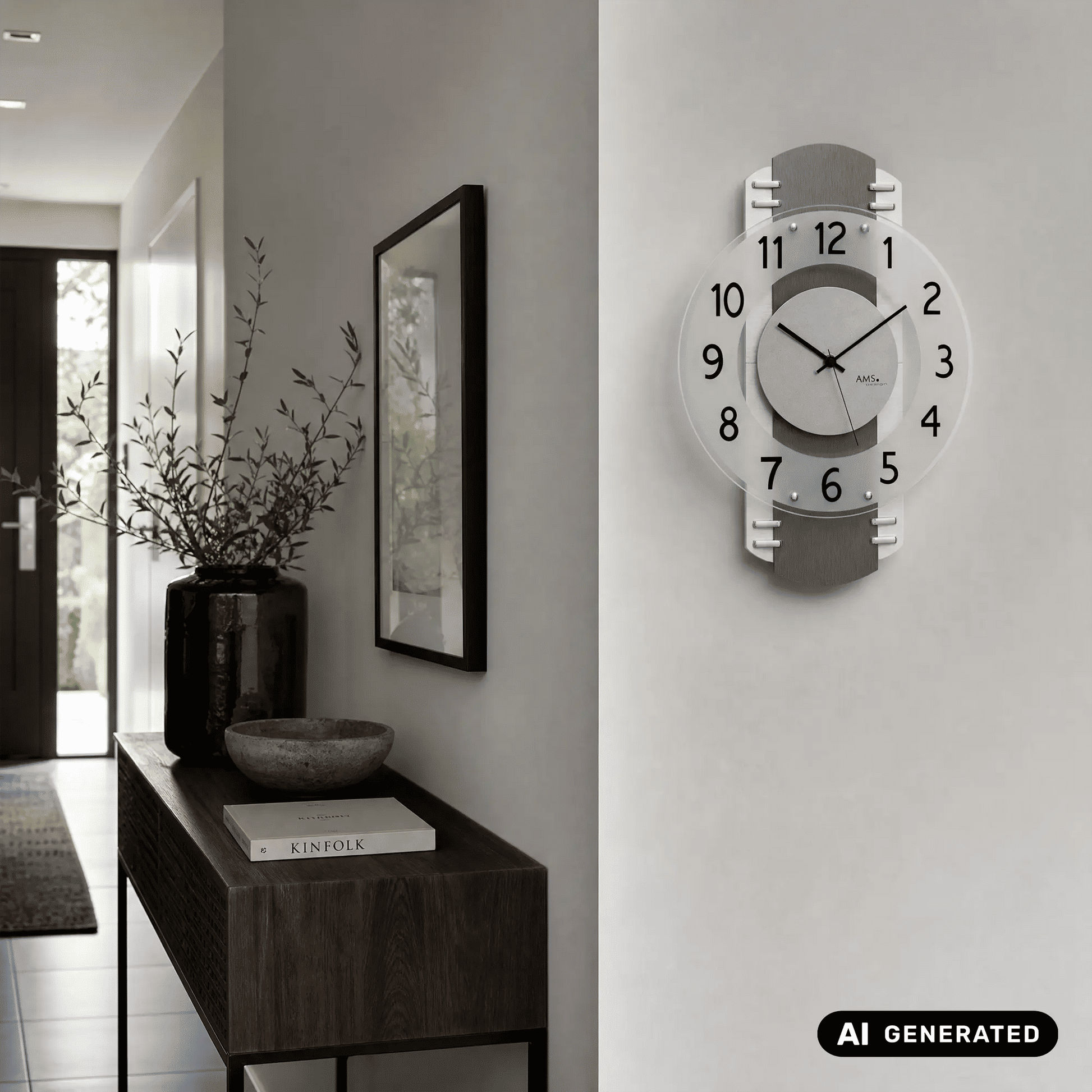 Wanduhr mit anthrazitgrauem Ziffernblatt, weißen Zeigern und weißem Rand