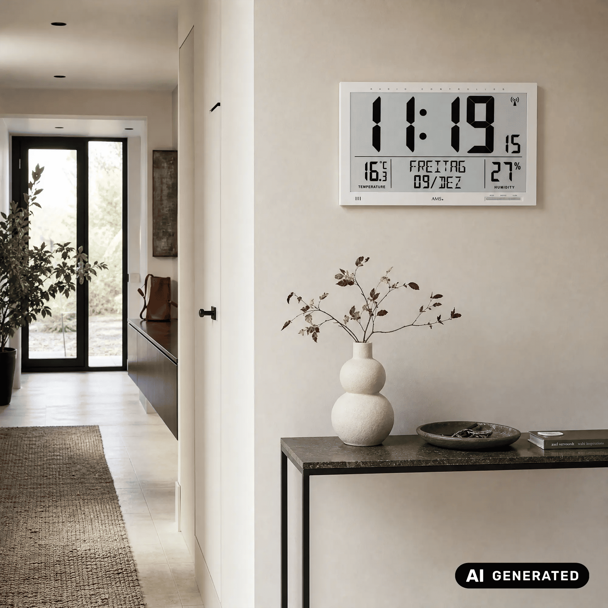 Weiße Wanduhr mit Digitaldisplay, zeigt Uhrzeit sowie Temperatur- und Feuchtigkeitswerte.
