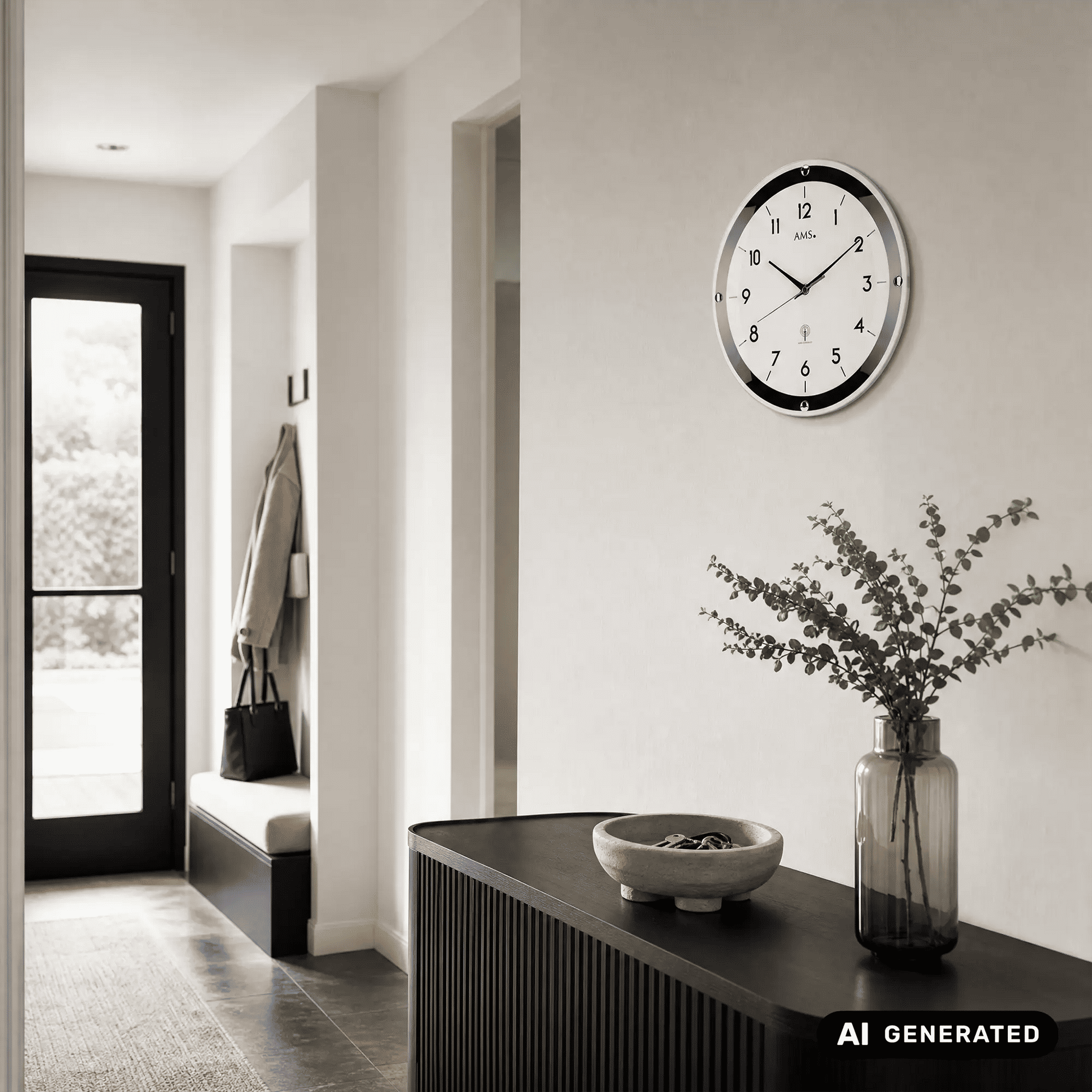 Wanduhr an der Wand, schmaler silberner Rand, schwarzer Rahmen, weißes Zifferblatt