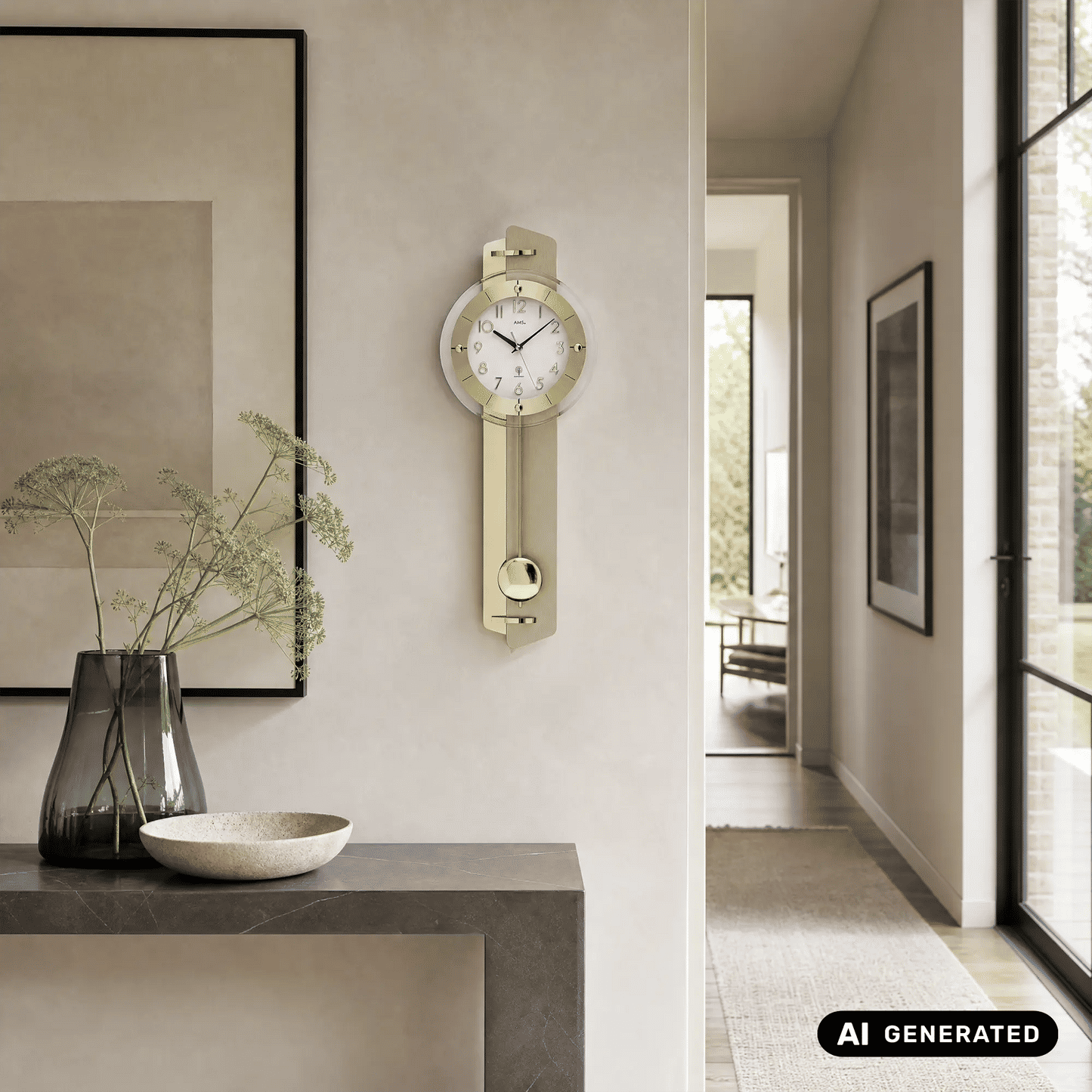 Wanduhr in Goldfarben mit rundem Ziffernblatt und Pendelgewichts-Anhänger