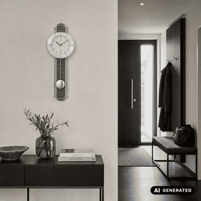 Wanduhr an Wand mit rundem Ziffernblatt und vertikalem Pendel in grauem Einsatz