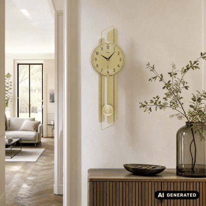 Wanduhr AMS an der Wand mit Messingfront, rundes Glas-Ziffernblatt und Pendelteilen