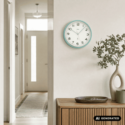 Wanduhr an der Wand mit türkisfarbenem Rand und weißem Zifferblatt, silbernen Zeigern